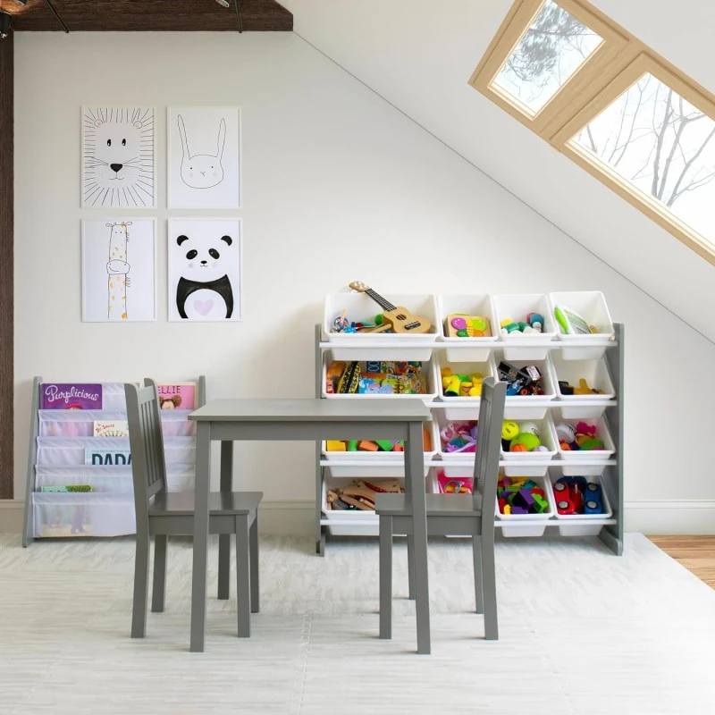 Детска Дървена Маса с 2 Столчета, Комплект за Учене, Рисуване, Игра, Хранене, за Детска Стая, Сиво